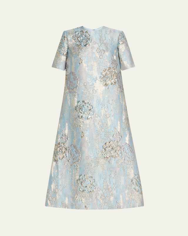 Metallic Floral Brocade Trapeze Dress